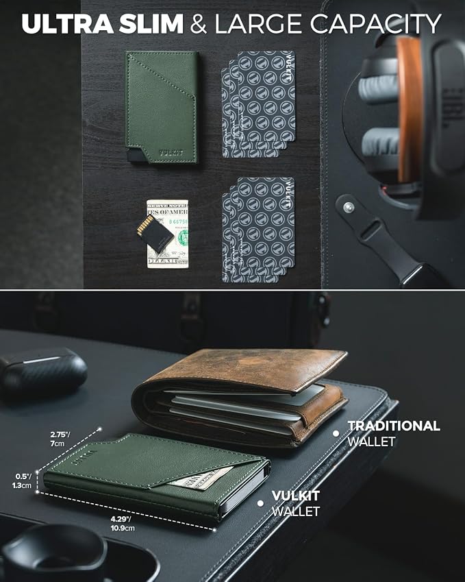 VULKIT Pop up Card Wallet RFID Blocking Slim Aluminum Metal Bank Card Holder Case with Business Money Pocket for Credit Cards Notes and Coins Green