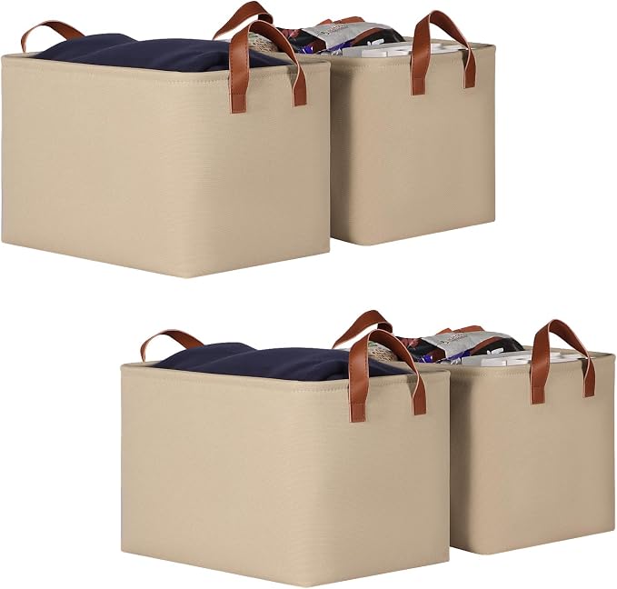 KEEGH Storage Baskets for Organizing Cube Storage 15 in, 4 Pack, Brown | Fabric Material, With Leather Handle, Closet Organization, Storage Bins for Living, Bedroom, Study