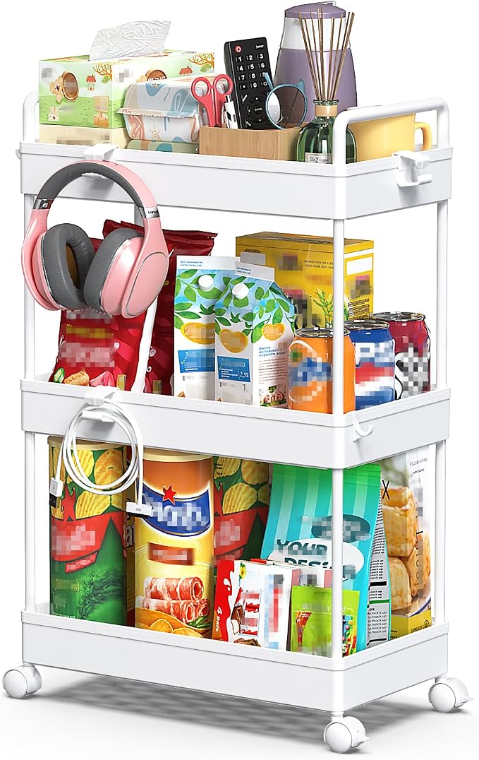 SOLEJAZZ 3 Tier Slim Rolling Storage Cart Organizer with Wheels, White | Utility cart for bathroom, laundry, bedside, dorm&narrow spaces. Fits craft, nail, makeup, snack, art, diaper&baby essentials