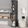 4 Tier Slim Bathroom Storage Cabinet, Foldable and Movable, Black | Tools Free, ABS and PET, Magnetic Clear Door, Adjustable Shelves, Lockable Wheels, Water Resistant, For Narrow Space