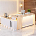 Ceridwen L-Shaped Large Wooden Reception Desk with LED Ambient Light, Power Outlet & Lockable Drawers, Modern Corner Office Desk with Storage & Charging Station for Home Office & Business