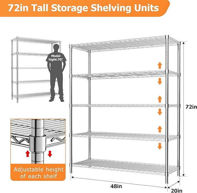 ROOMTEC 5-Tier Wire Shelving Unit,48" W*20" D*72" H,Max Load 2000LBS | Heavy Duty Garage Shelving,Adjustable Storage Shelves,Metal Utility Shelf Rack for Kitchen,Laundry,Pantry,Warehouse,Basement