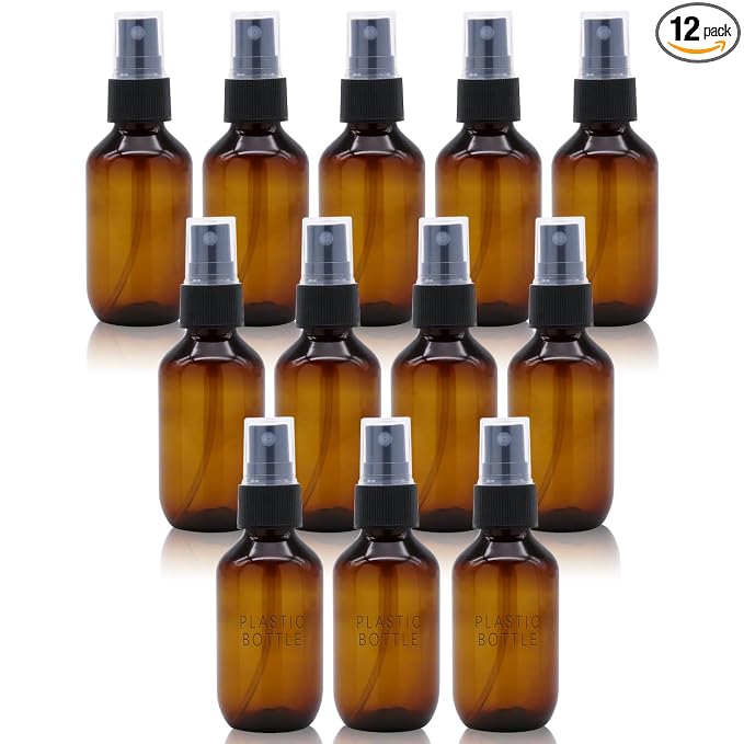 SYNTECSO 12 Pack 2oz Amber Plastic Spray Bottles, Fine Mist Spray Bottles for Essential Oils, Water Spray Bottle for Hair Plant & Cleaning Solution