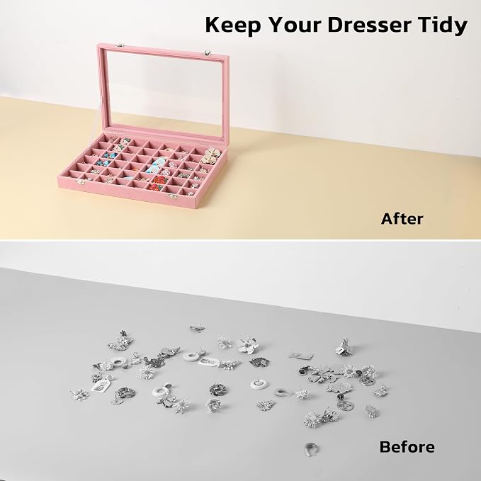Frebeauty 40 Grid Earring Organizer,Velvet Jewelry Tray with Clear Lid | Drawer Jewelry Organizer for Rings Studs Beads,Adjustable Dividers,Dustproof,Earring Storage,Trinket Box,13.8×9.5Inches