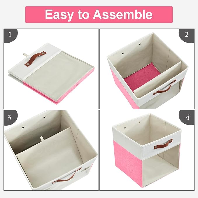 Bagnizer Storage Cubes, 4 Pack Linen Foldable Storage Bins with Clear Window and 2 Handles, 13x15x13 Storage Cube Bins for Shelf Closet, Kallax, Clothes, Books - (Pink / Off-White)