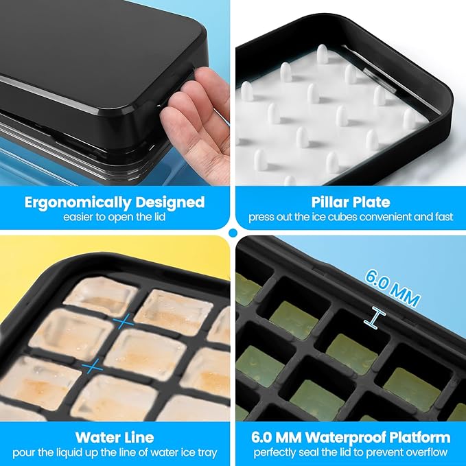0.8“ Ice Cube Tray with Lid and Bin, PHINOX 28 Cubes Ice Trays for Freezer, Ice Cube Trays for Freezer with 1 tray, Container, Lid & Ice Scoop, BPA Free, Black(28Cubes/Tier)