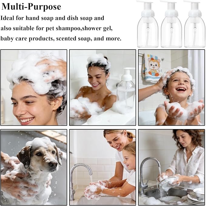 3 Pack 8oz Foaming Soap Dispenser BPA Free Clear Plastic Refillable Pump Bottle for Liquid Shampoo and Hand Soap