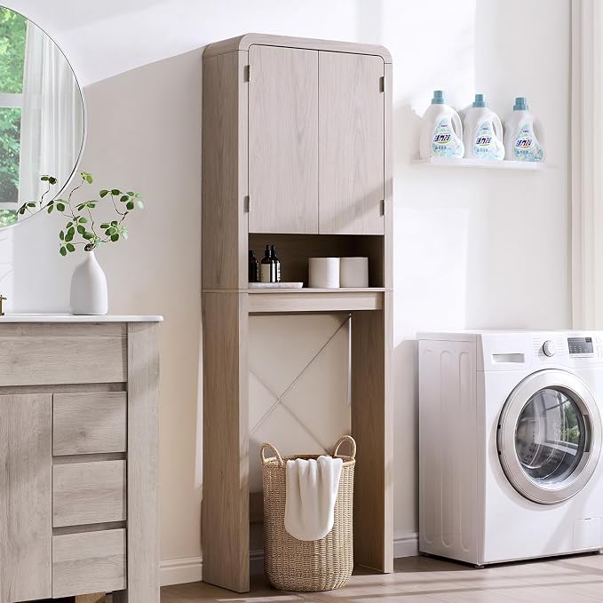 Over the Toilet Storage Cabinet, 69.69" Curved Bathroom Storage Organizer Cabinet with Doors and Adjustable Shelves, Wooden Free Standing Toilet Space Saver Rack, Cream