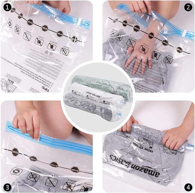Amazon Basics Roll-Up Travel Compression Storage Bags for Clothes and Towels, No Vacuum Needed, Clear, 12 Count (6 Small & 6 Medium) Multiple (Pack of 10)