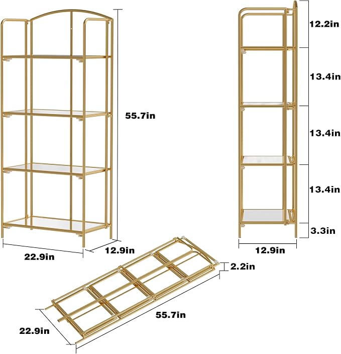 Crofy 4-Tier Foldable Bookshelf, Gold Frame & Transparent Shelves | No-Assembly Collapsible Portable Storage Organizer; Sturdy Transparent Shelves; Ideal for Living Room & Home Office