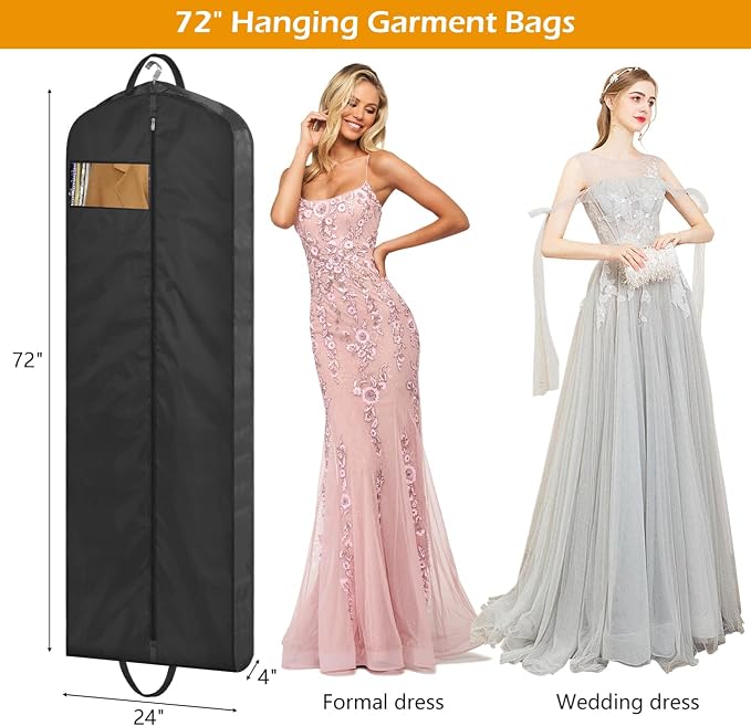 MISSLO 72" Wedding Dress Garment Bag Waterproof Garment Bags for Travel for Women Dress Bags for Gowns Long for Closet Storage 3-Pack, Black