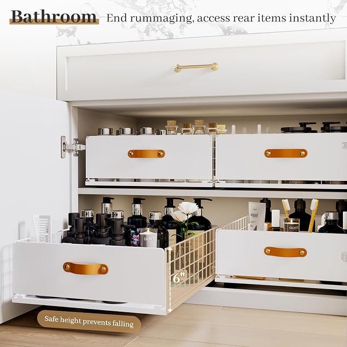 Pull Out Cabinet Organizer, No-Drill Pantry Drawers, Slide Out Shelves with Bamboo Risers for Lipped Cabinets,Ideal for Kitchen, Bathroom & Under Sink Storage (White, 15.8" Wide-21 Deep)