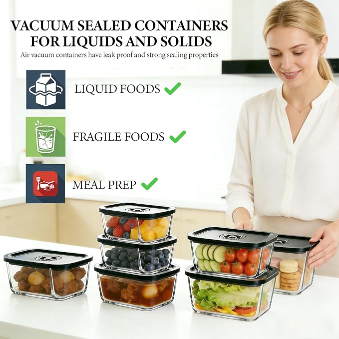 Glass Vacuum Containers for Food Fresh & Save Storage, Made For Compact Vacuum Sealer, 3pcs Mixed Set Small, Medium, Large With Handheld Vacuum Sealer Machine