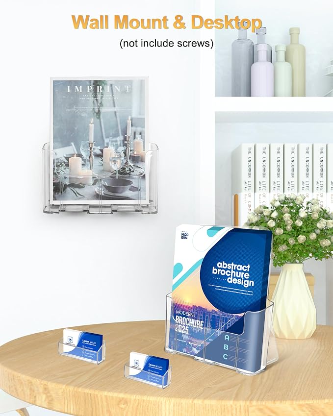 Acrylic Brochure Holder 8.5 x 11, 6 Pack Clear Brochure and Business Rack Card Holder Stand, Wall Mount Flyer Holder for Store Office Magazine Pamphlet Literature Document Menu Journals