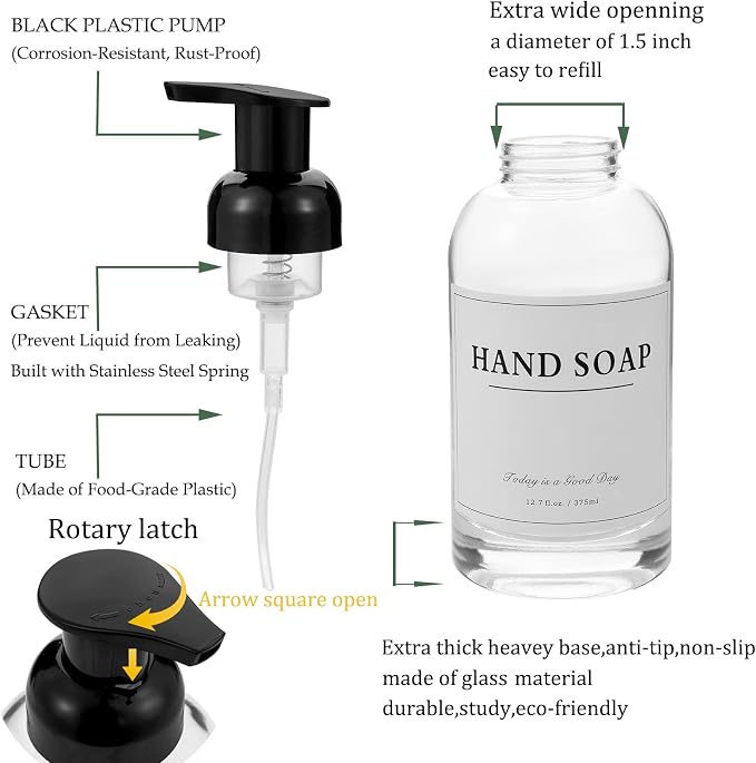 rejomiik Foaming Soap Dispenser Thick Glass Foam for Bathroom or Kitchen Sink, 12.7 oz Clear Pump Bottles for Hand soap, Body Wash, Black 2 Pack