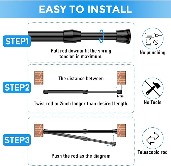 4 Pack Spring Tension Curtain Rod 17 to 28 Inch, DIY Small Curtain Rods No Drill for Window Cupboard Closet Kitchen Cabinets, Black