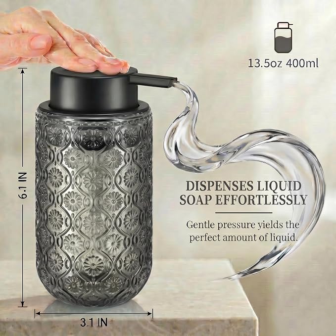 Gray Glass Liquid Hand Soap Dispenser with Matte Black Pump Thick Embossed Bottle Refillable for Bathroom and Kitchen Decor 13.5 oz