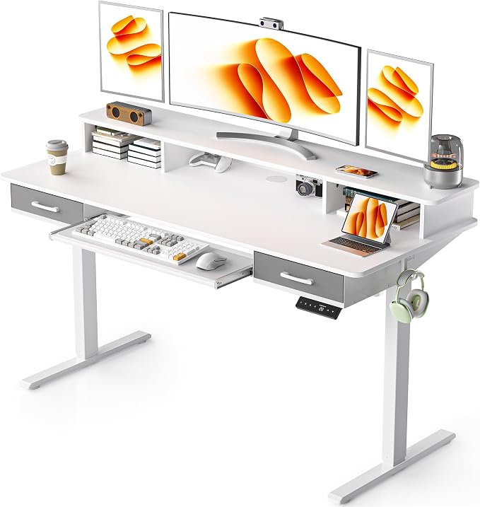 WALKINGDESK 63 Inches Electric Standing Desk with Keyboard Tray, Height Adjustable Sit to Stand Table with 2 Drawers, Ergonomic Home Office Desk with Storage Shelf, Computer Table, White