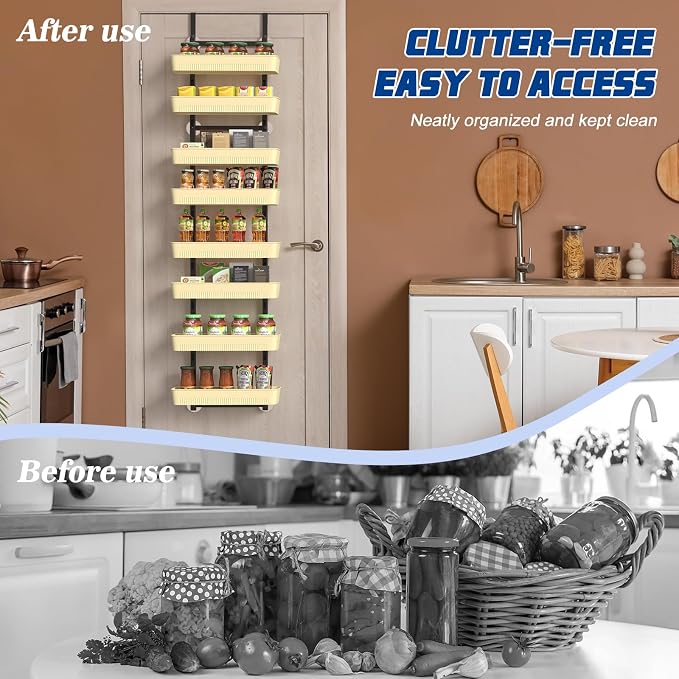 White 8-Tier Over the Door Organizer, Metal Over the Door Spice Rack with Adjustable Baskets, Hanging Behind the Door Storage for Pantry, Kitchen, Bathroom & Household Use