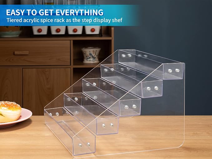 Acrylic Spice Rack, Tiered Spice Rack Shelf Seasoning Organizer | for Countertop, Cabinet, Pantry, Kitchen Storage - 5 Tier, 2PCS