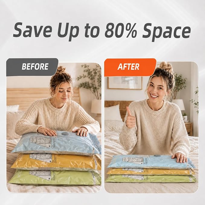 HOUSE DAY 15 Pack Vacuum Bags for Travel with 4500Pa Cordless Pump & Luggage Scale, 3-Color Vacuum Seal Bags for Clothing, Space-Saving Compression Bags for Moving, Dorm Organization & Home Storage