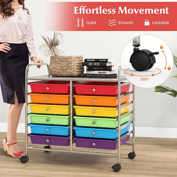 GOFLAME 12-Drawer Rolling Storage Cart, Multifunctional Art Craft Organizer Cart, Mobile Utility Storage Cart with Removable Drawers & Lockable Wheels, Craft Cart for Home Office School, Multicolored
