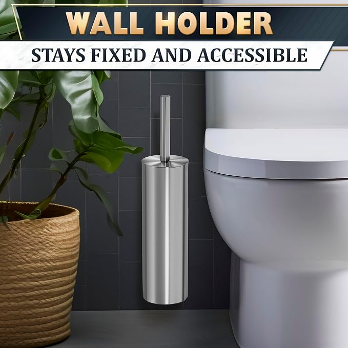 Wall Mounted Toilet Brush and Holder Set, Stainless Steel (Silver) | Stainless Steel Toilet Brush and Holder Set, Removable Inner Bowl, Dense Bristles, Rustproof, for Modern Bathroom Walls