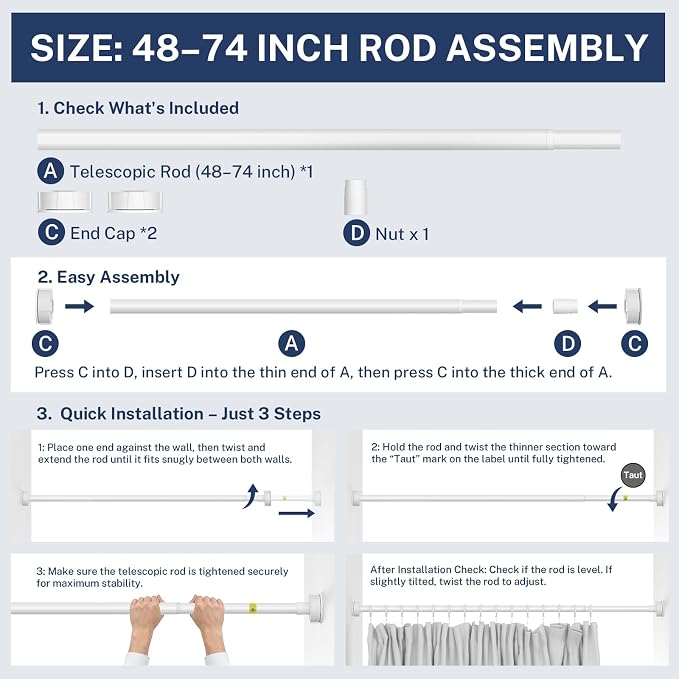Heavy Duty Tension Shower Curtain Rod 48-74 Inch White | Rustproof Steel, Drill-Free Mount, Adjustable Rods for Bathroom Sliding Door Patio Living Room, Non-Slip No-Tools Install