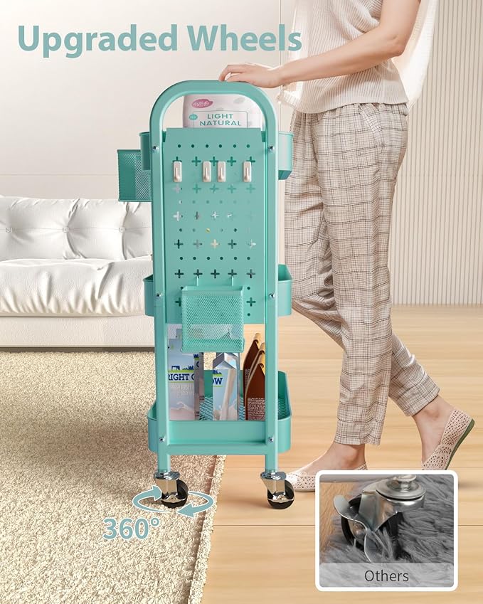 ALVOROG 3 Tier Metal Rolling Utility Cart with Pegboards,Baskets,Hooks,Blue | More Storage Craft Cart with Pegboards,Lockable Wheels,Hooks & Baskets to Organize Kitchen,Office,Bedroom and DIY Supplies