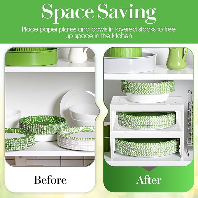2 Pcs Paper Plate Dispenser and Paper Bowl Dispenser, Space-Saving Plastic, Foam, Disposable Plate and Bowl Organizer, Stackable Kitchen Organizer for Cabinet, Countertop, Shelf (White)