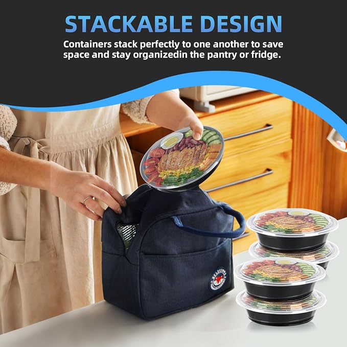 24oz Round Meal Prep Containers, Black, Leak-Proof Stackable Bento Boxes with Lids, BPA-Free, 50 Pack