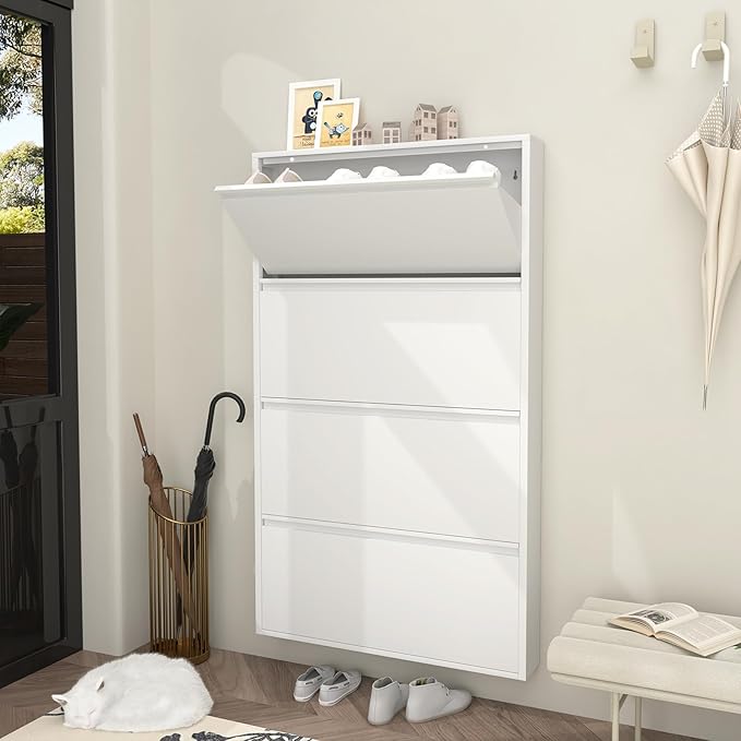 GREATMEET Shoe Rack for Closet, 6 Inch Slim Wall Mounted Shoe Cabinet, Narrow White Hidden Metal Shoe Storage with 4 Flip Drawers, Tall 57 Inch Steel Organizer Rack for Entryway Hallway Small Spaces
