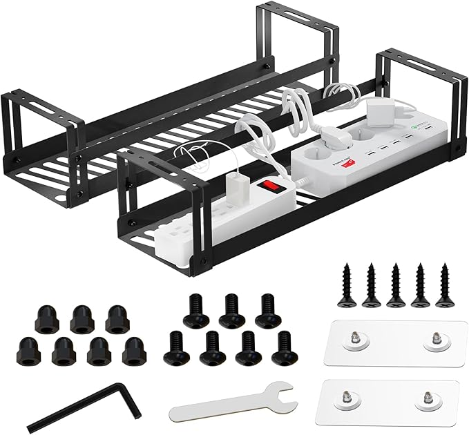 PAVSTINE 2 Pack Under Desk Cable Management Tray, 17 in | Dual Mount Adhesive & Screw, Metal Wire Basket, Holds Up To 15 Lbs, Power Strip Holder Cord Hider for Home/Office Desk