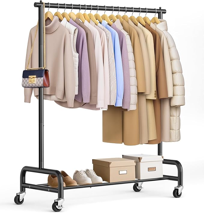 SLEEPING LAMB Heavy Duty Clothing Racks for Hanging Clothes Rack, 43" Wide Rolling Garment Rack Metal Clothing Hanger Rack with Wheels Wardrobe Rack for Coats, Shirts, Dress, (Black)