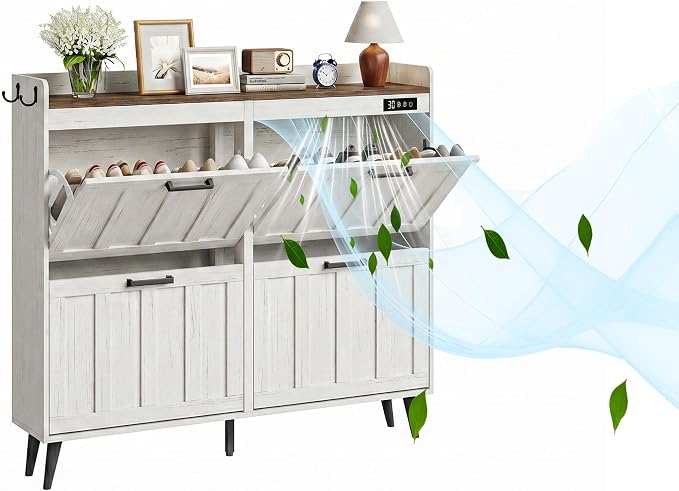 ChooChoo Shoe Storage Cabinet with 4 Flip Drawers, Deodorizing Shoe Organizer Storage for Entryway, Freestanding Hidden Slim Narrow Shoe Rack Cabinet, Antique White & Brown