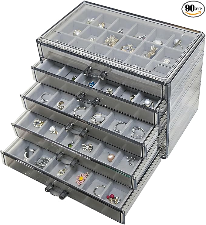 Acrylic Earring Holder Organizer with 5 Drawers Clear Earring Organizer Box with 90 Adjustable Grids Velvet Earring Display Case Jewelry Organizer for Earrings Rings Studs (Brown Gray)