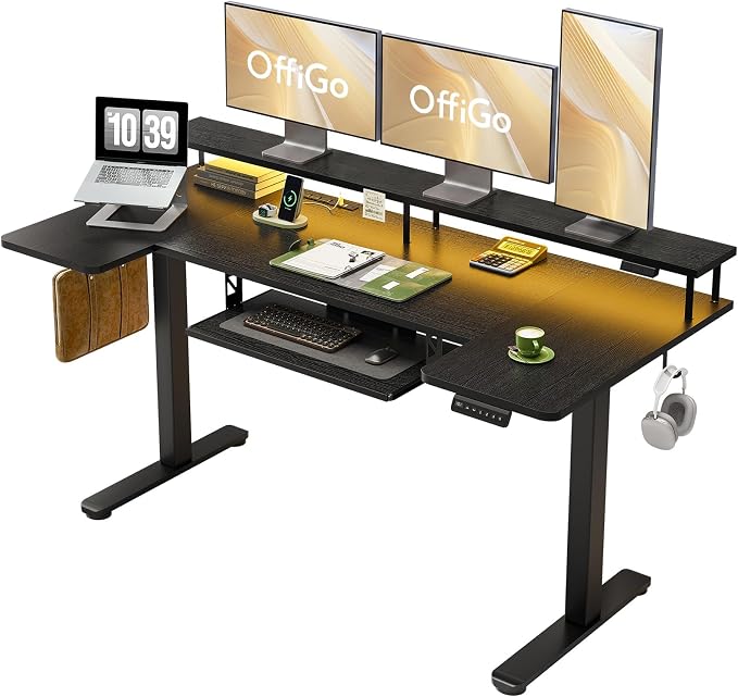 OffiGo 63 Inch U Shaped Electric Standing Desk with Keyboard Tray, Black | 3 Outlets & 2 USB Ports, Dual-Monitor Stand, 10 Colors & 10 LED Modes, 3 Presets, 28.3"-46.5"in Range, 154 lb Capacity