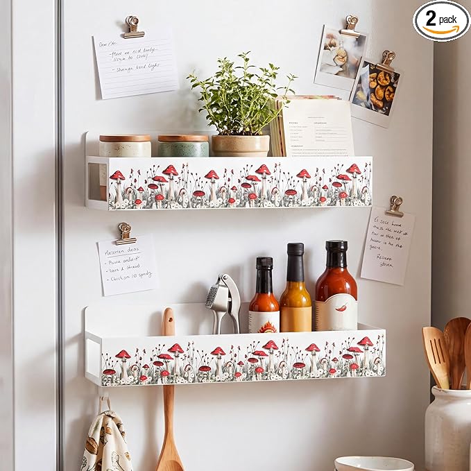 Beeveer 2 Pack Mushroom Magnetic Fridge Shelf Cottagecore Farmhouse Refrigerator Side Magnetic Spice Rack for Fridge Seasoning Storage Organizer Home Decor Kitchen Accessories