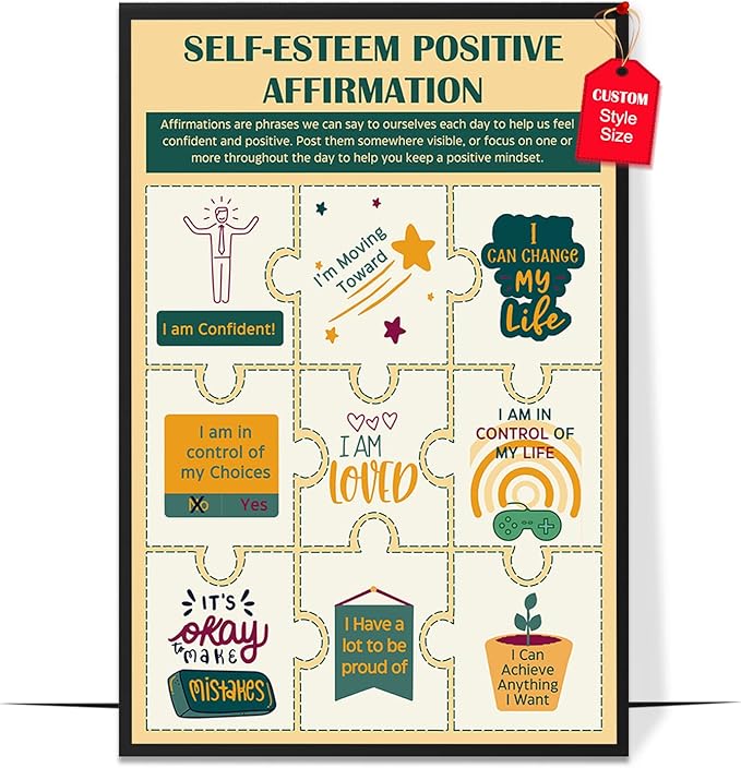LOLUIS Mental Health Poster, Therapy Educational Supplies Art Print Classroom School Office Decor (Self-Esteem Positive Affirmations, Custom Frame Type)