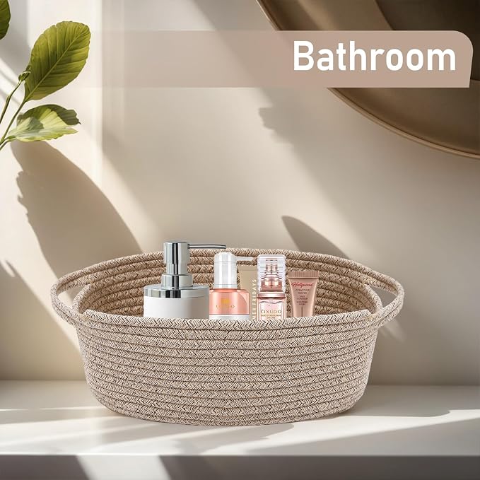 JMvicyroam Woven Basket,Small Rope Storage Bin with Handles & Ribbon Bag, Organizer for Shelves Closets,Gift Basket Empty for Birthday,Books,Dog Toys,Oatmeal