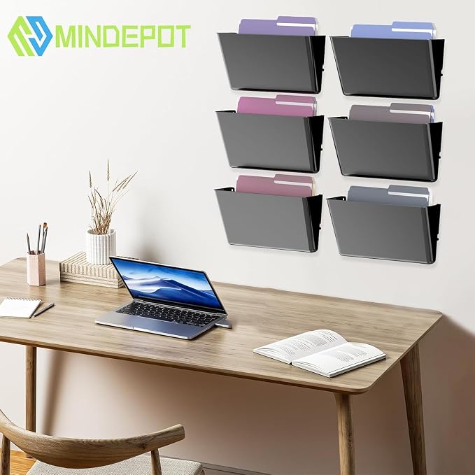 MINDEPOT 5 Pockets Acrylic Wall File Organizer, Clear Wall File Holder, Plastic Hanging Wall File Holder for Office, School and Home, Black