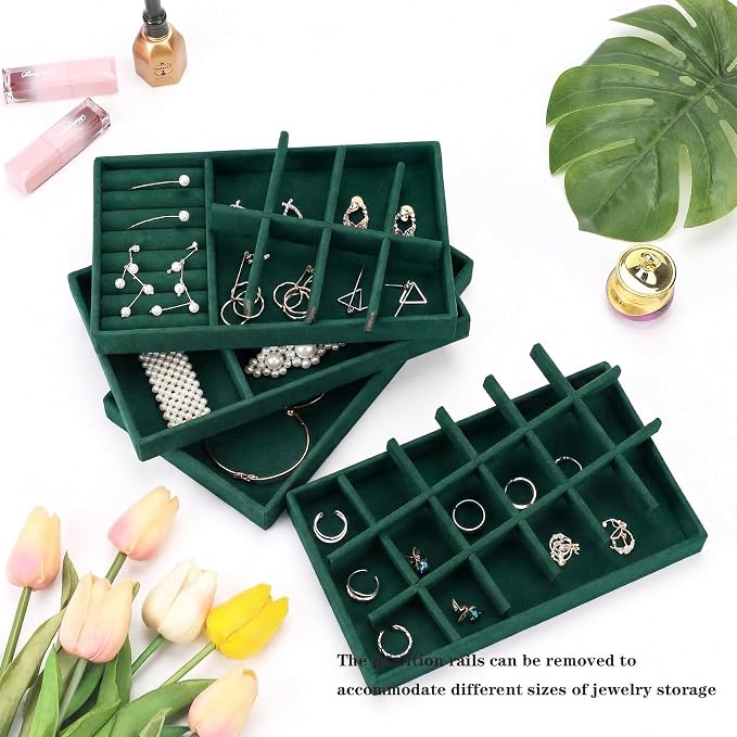 Stackable Jewelry Organizer Trays for Drawer, Set of 4 Velvet Jewelry Drawer Inserts in Dresser, 8in Storage Display Case for Rings Stud Necklaces Accessories(Green)