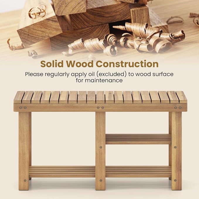 GOFLAME Wooden Shoe Rack Bench, 3-Tier Free Standing Entryway Bench Seat with Slatted Shelves, Shoe Storage Organizer for Entryway, Hallway, Bedroom, Living Room, Small Space, 34"x11"x18"