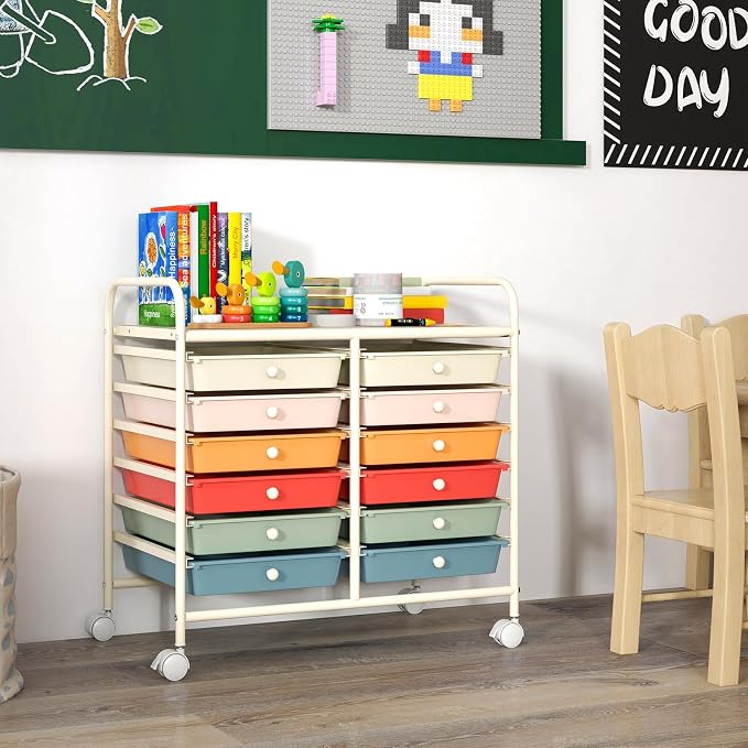 LDAILY 12 Drawer Rolling Storage Cart, Craft Cart Organizer on Wheels w/Metal Frame, Large Capacity & Smooth Drawer, Rolling Cart w/Drawers for Classroom, Office