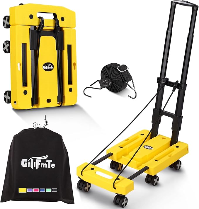 Folding Hand Truck Lightweight Hand Truck Dolly Foldable,Luggage cart with 6 Rotate Wheels, Utility Cart with Adjustable Handle,Collapsible Dolly for Moving (Yellow)