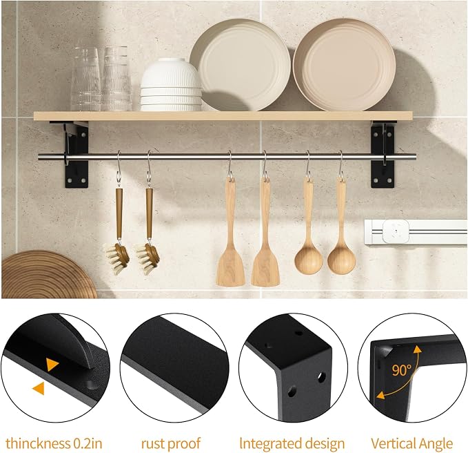 Heavy Duty Closet Rod Support Bracket 400lbs 12x5.6in(4pack Black) | Sturdiness Wall Mounted Shelf Brackets with Holders for Kitchen Bathroom Bedroom Office