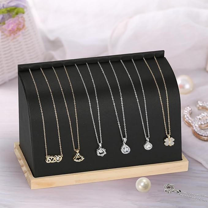 KUKUVR PU Cambered Necklace Display Stand for Women, Wood Base Jewelry Holder Rack for Necklace Pendant Bracelet Chains, Necklaces Storage Organizer Showcase for Selling Vendors exhibition (Black)