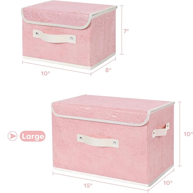 ANMINY Fabric Storage Bin with Lid Rose Print Storage Box Basket with PU Leather Handles Washable PP Plastic Board Decorative Foldable Lidded Shelf Cubes Closet Organizer Container - Pink, Large Size