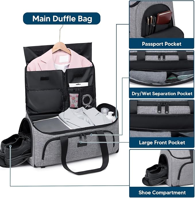 Vessgra Garment Bags for Travel,Convertible Garment Bag with Shoulder Strap, 4 in 1 Suit Bag Travel with Shoes Foldable 58L Garment Bags for Men Women Garment Duffel Bags for Hanging Clothes,Grey