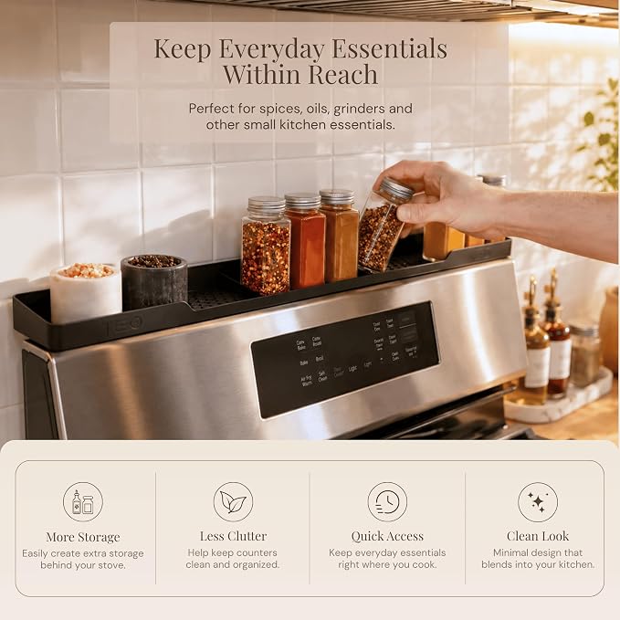 TEO Silicone Magnetic Stove Top Shelf, Over the Stove Spice Rack, Black | 30 Inch, Over Oven Shelf, Built-in Magnets, Heat-Resistant, Dishwasher Safe, Kitchen Spice Storage Organizer